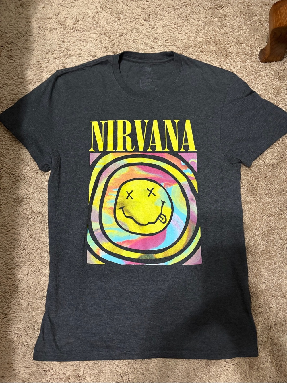 NIRVANA Black Tee with Neon Smiley Tie-Dye Graphic (380)